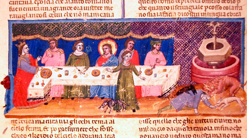 Banchetto, le fiere assalgono un uomo che aveva offeso San Tommaso, c.112r