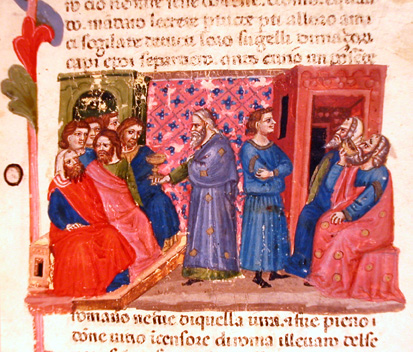 Catilina offre una coppa ad alcuni uomini, c. 3r