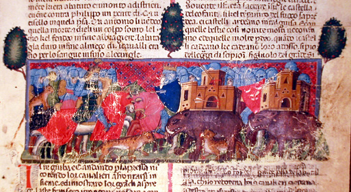 Le truppe di Cesare combattono contro quelle di Giuba provviste di elefanti, c.43r