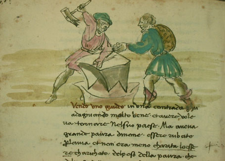 Giudeo va dal fabbro per trasformare le sue monete, c.167v