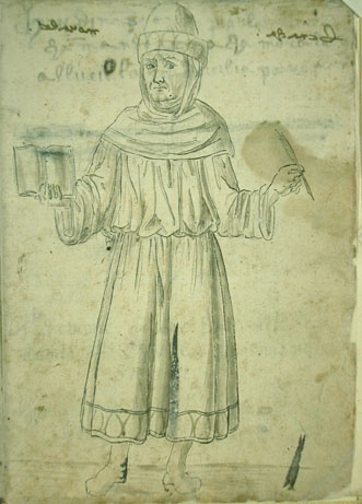 Seneca con penna e libro fra le mani, c.1r