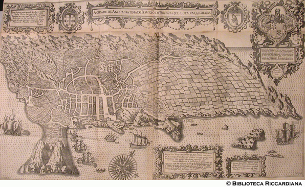 La città di Angra nelle Azzorre, p. 114 (150-153) - autori: Jan Huygen van Linschoten, Baptista van Doetechum