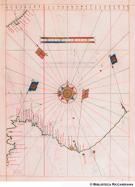 Carta nautica delle coste sull'Oceano Pacifico dell'America meridionale del nord-ovest e parte di quelle atlantiche del nord-est, c. 11r
