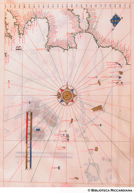 Carta nautica del Golfo di Biscaglia, Portogallo, Spagna, isole dell'Oceano Pacifico, c. 1v