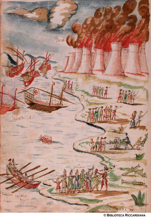 Prevesa al fuoco e cattura degli schiavi (Prebeza, Grecia), c. 113v