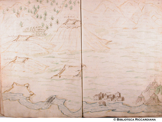 Forti di francesi, tedeschi, italici e galere dei Turchi presso la città di Vaccia (Vac, Ungheria), c. 19v-20r
