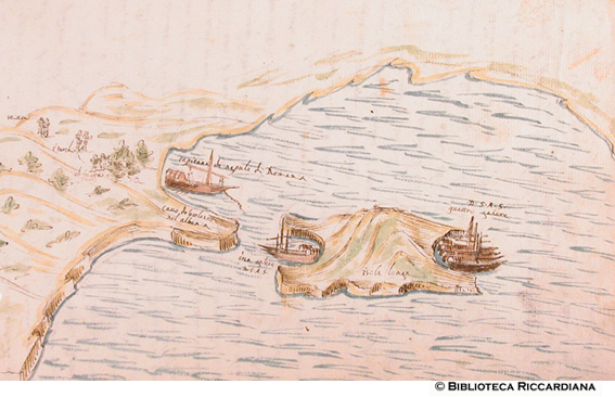 Fuga dei Turchi fra l'Isola Lunga e Cavo delle colonne di Albania, galere e altre navi, c. 44v
