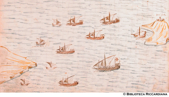 Barche di greci e turchi e navi cristiane presso l'isola di Samo, c. 48r