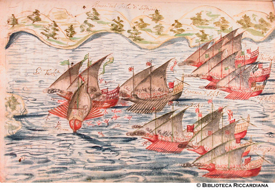 Battaglia navale fra galere turche e cristiane presso la Sardegna, c. 90v
