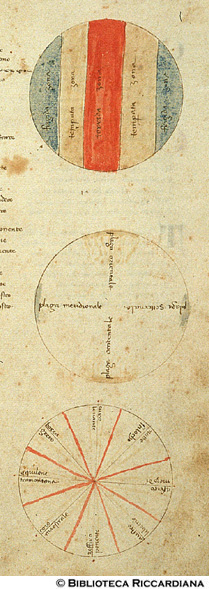 Le zone climatiche; Le quattro 'plaghe' in cui si divide la Terra; La rosa dei venti, c. 12r.