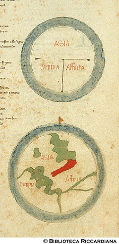 Divisione della Terra in tre regni secondo una 'T': Asia, Europa e Africa; Lo spazio occupato dalla terra e dei mari, c. 13v.