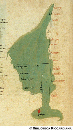 Carta dello Stretto di Gibilterra: distanze fra Algeri, Setta (Ceuta) e Cartagine, c. 18v.