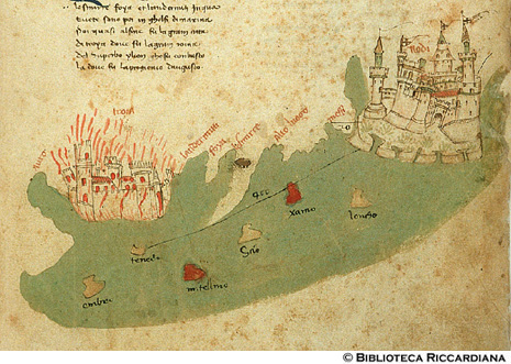 Carta delle coste sul Mar Egeo: distanza fra l'isola di Tenedo e l'isola di Rodi, c. 22v.