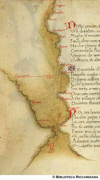 Carta geografica della costa Africana, distanze da Setta e Cartagena, c. 21v