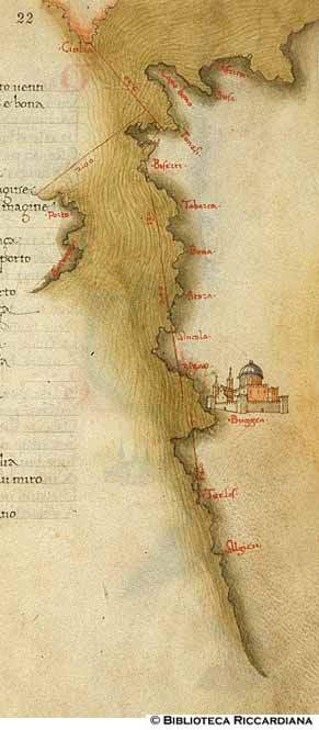 Carta delle coste orientali dell'Africa, distanze dalla Sicilia e dal Portogallo, c. 22r