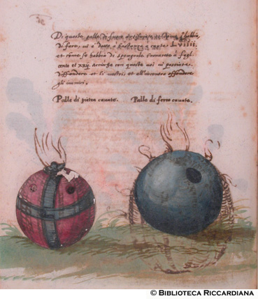 Palle di pietra scavate e di ferro, c. 112v