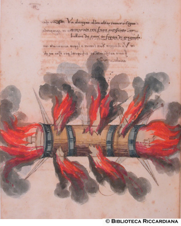 Tronco con fuoco dartificio e palline di sassi, c. 114v