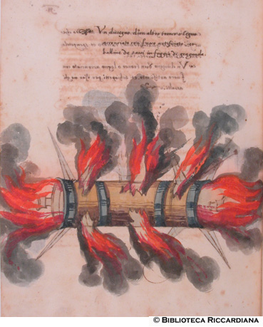 Tronco con fuoco d’artificio e palline di sassi, c. 114v