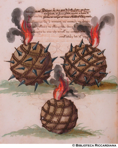 Palle con fuochi d’artificio, ferri appuntiti e uncini, 118v