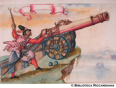 Soldato che giusta l’artiglieria a occhio, c. 195r