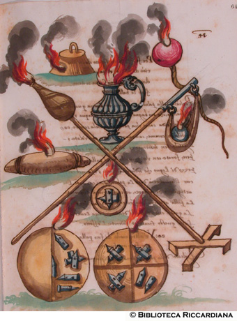 Strumenti vari con fuochi d’artificio, c. 64r