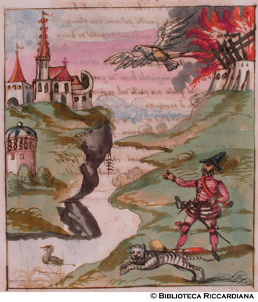 Colombo e gatto con fuoco d’artificio per incendiare città o castelli irraggiungibili, c. 95r