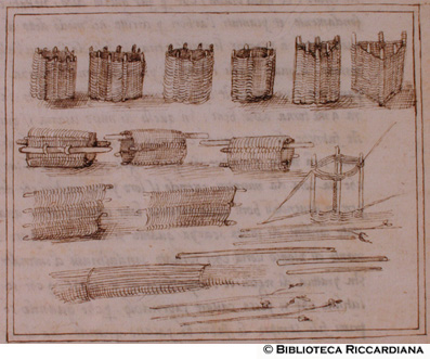 Attrezzi per la costruzione delle fondamenta: maglio, pali e tavolato su cavalletti, c. 12v