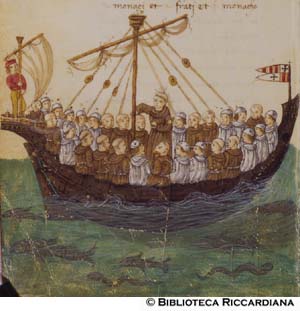Francescani e camaldolesi su una nave in pellegrinaggio al Santo sepolcro, c. 115v