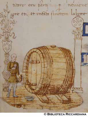 Uomo preleva del vino da una botte con due cannelle, c. 105r
