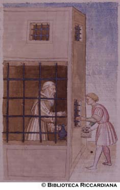 Fra Jacopone in prigione riceve del cibo, c. 89v