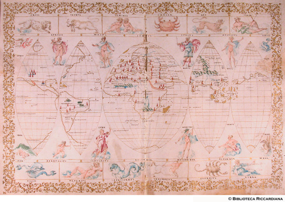 Segni zodiacali, allegoria del Sole e dei Pianeti, i Quattro Elementi, Mappamondi, cc. 13v-14r