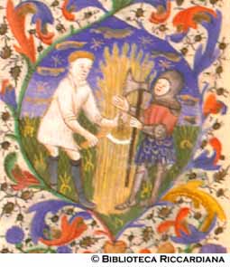 Soldato fermato dal campo di grano cresciuto miracolosamente (particolare della Fuga in Egitto), c. 76r 