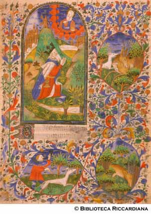 Davide in preghiera e scene di caccia al cervo, c. 81r