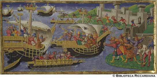 I Cartaginesi attaccano la flotta di Enea scampata alla tempesta, c. 71v