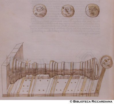 Palle bronzee piene di polvere e macchina lancia proiettili, c. 146r