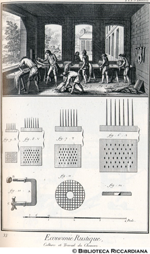 Tav. 33 - Economia rurale: coltivazione e lavorazione della canapa (pettinatura) - Attrezzi.