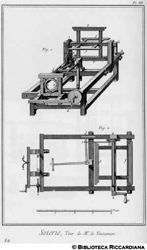 Tav. 84 - Seteria - Aspo per la seta di M.r de Vaucanson (Prospettiva e pianta).