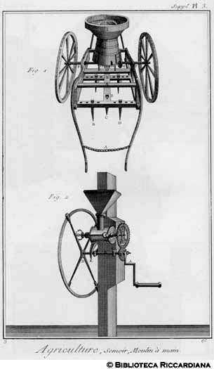 Tav. 3 - Agricoltura - Seminatrice di Rundall e Mulino a mano.
