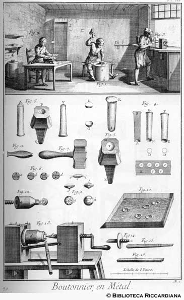 Tav. 79 - Artigiano che produce bottoni in metallo: laboratorio e attrezzi.