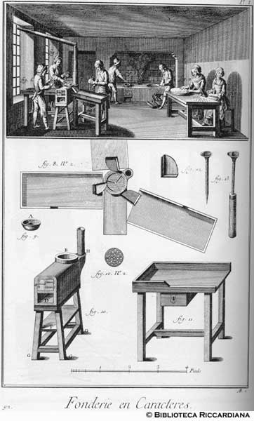 Tav. 92 - Editoria: fonderia di caratteri da stampa: laboratorio e attrezzi.