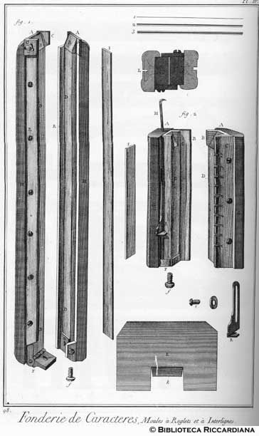 Tav. 98 - Editoria: fonderia di caratteri da stampa: regoli e interlinee.
