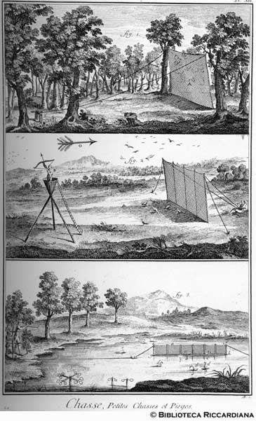 Tav. 20 - Caccia: trappole per uccelli minuti e piccioni.