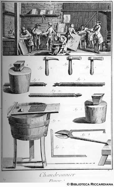 Tav. 34 - Calderaio: laboratorio dello spianatire e attrezzi.