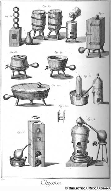 Tav. 47 - Chimica: attrezzature per sublimazione e distillazione.