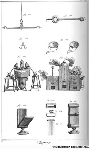 Tav. 57 - Chimica: bilancia di Cramer e apparecchi per la distillazione.