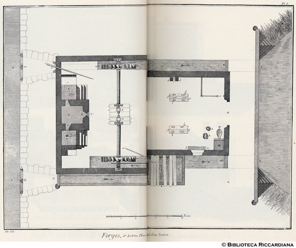 Tavv. 131-132 - Fucine, V sezione, Pianta di una fonderia per verghe di ferro.