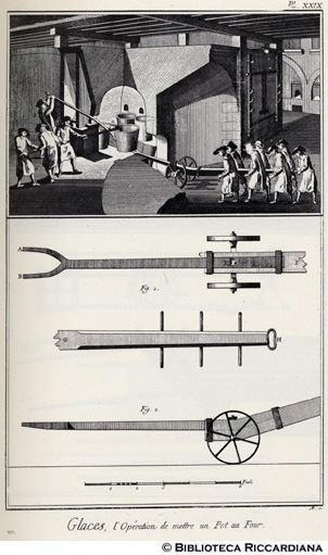 Tav. 212 - Manifattura del vetro - Operai che mettono un vaso nel forno.