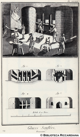 Tav. 219 - Vetri soffiati - Operai che soffiano i vetri e forno.