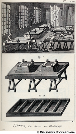 Tav. 224 - Vetri - Operai che spianano vetri piccoli e grandi (attrezzi).