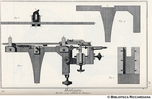 Tav. 287 - Orologeria - Macchina per arrotondare i denti degli ingranaggi.